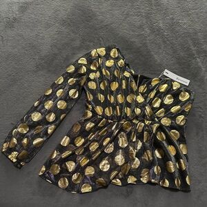 NEW Reveuse Plus Size Women’s Black/ Metallic Gold Polka Dot One-Shoulder Top